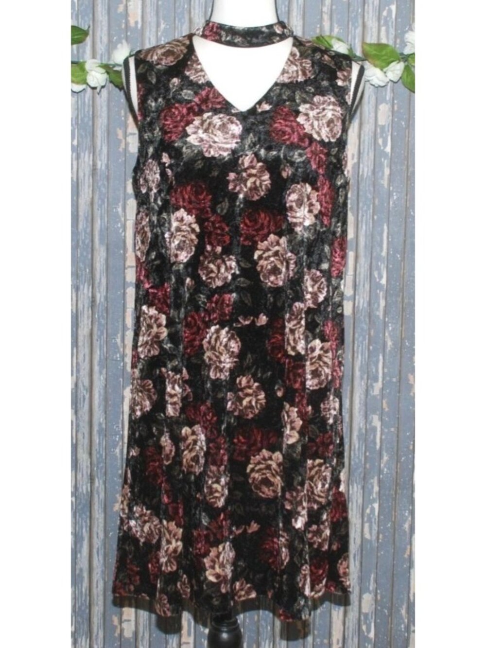 AGB Black Burndy Velvet Floral Dress Size M Whimsy Goth 90's Choker Neckline